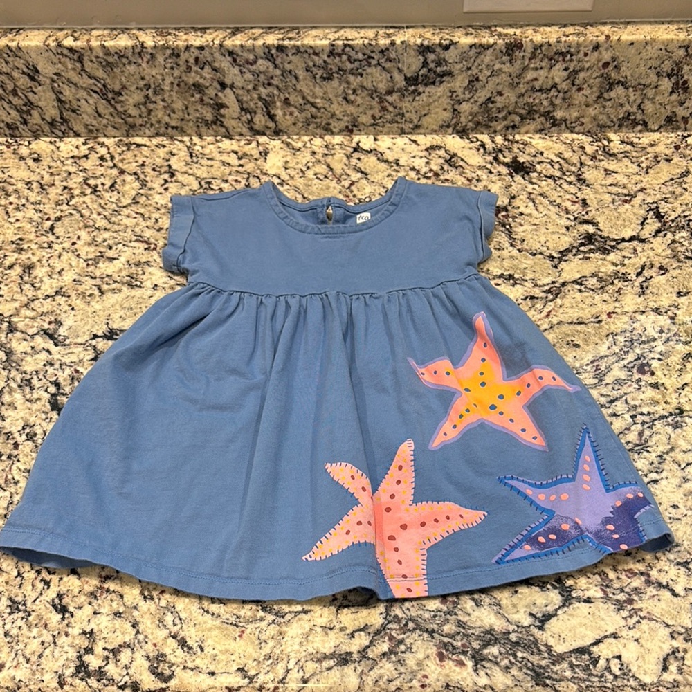 “Tea” Toddler Blue Starfish Dress, 2T, EUC, Cuffed Sleeve, Button Back